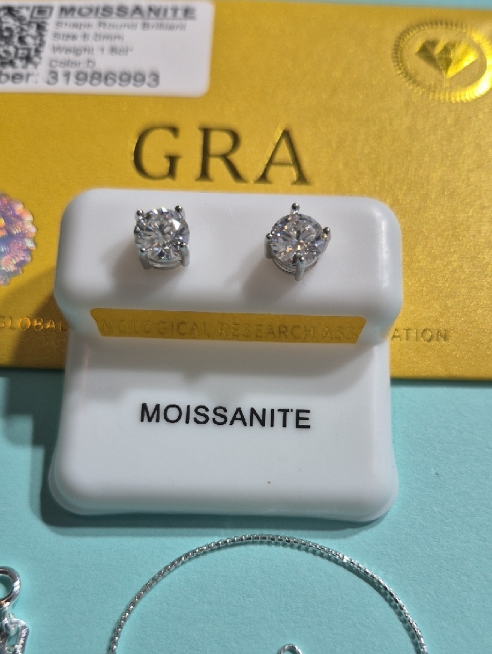 Moissanite Stud Earrings with Silver Chain Bracelet - Sparkling White - Picture 2 of 4